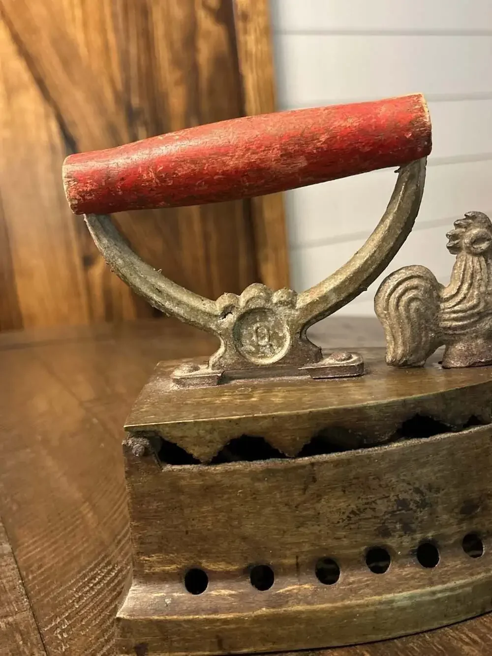 Vintage Charcoal Sad Iron with Rooster Finial and Red Wooden Handle